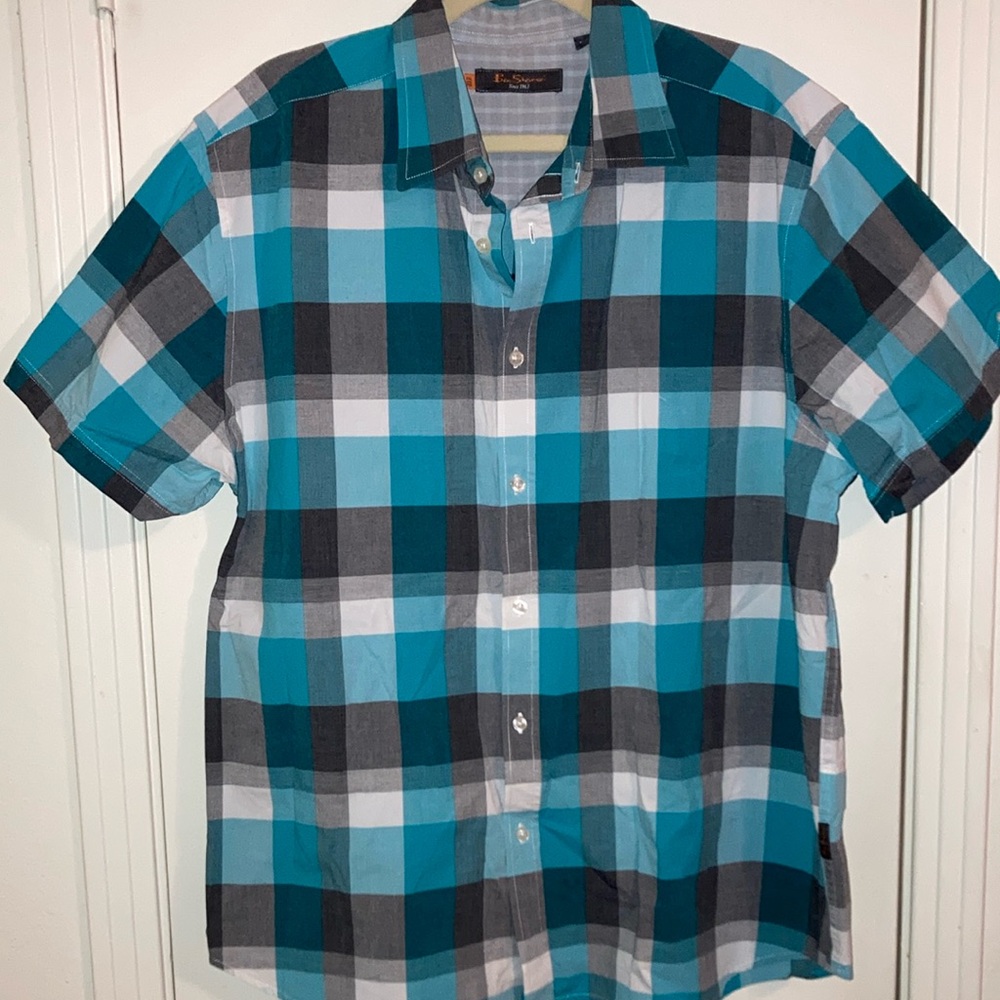 Ben Sherman Blue, Gray and White Button Down Plaid Shirt